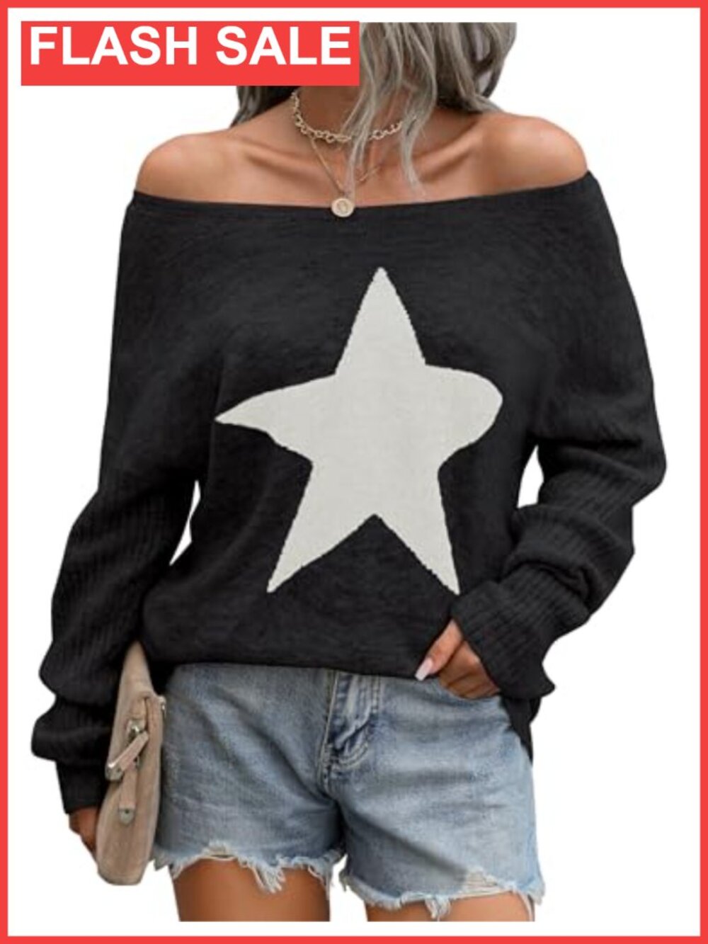 Off Shoulder Knit Sweater Pullover Star Graphic Long Sleeve Fall Tunic